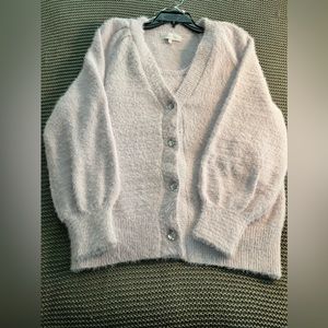 Purple fluffy sweater with diamond buttons and shirt set